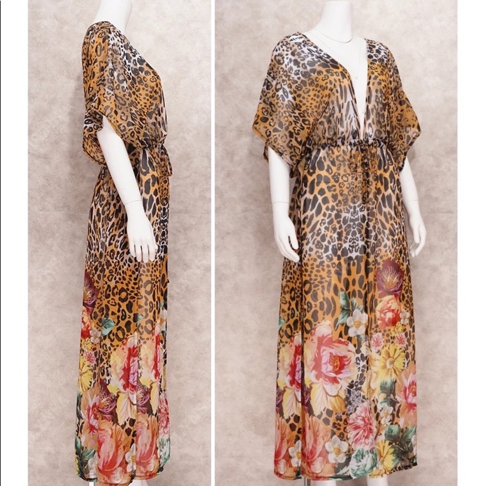 Restocked New Bohemian Leopard Floral Kimono Duster Jacket Robe Swim Cover Up - Picture 3 of 3